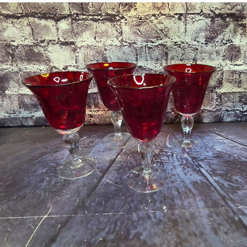 Vintage Set of 4 Ruby Red Wine Glassess Goblets MC Barware